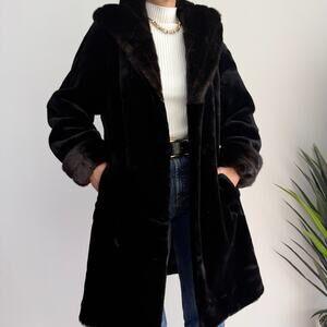 Vintage Gallery Faux Fur Coat Womens Small Black Hooded Quiet Luxury Mob Wife